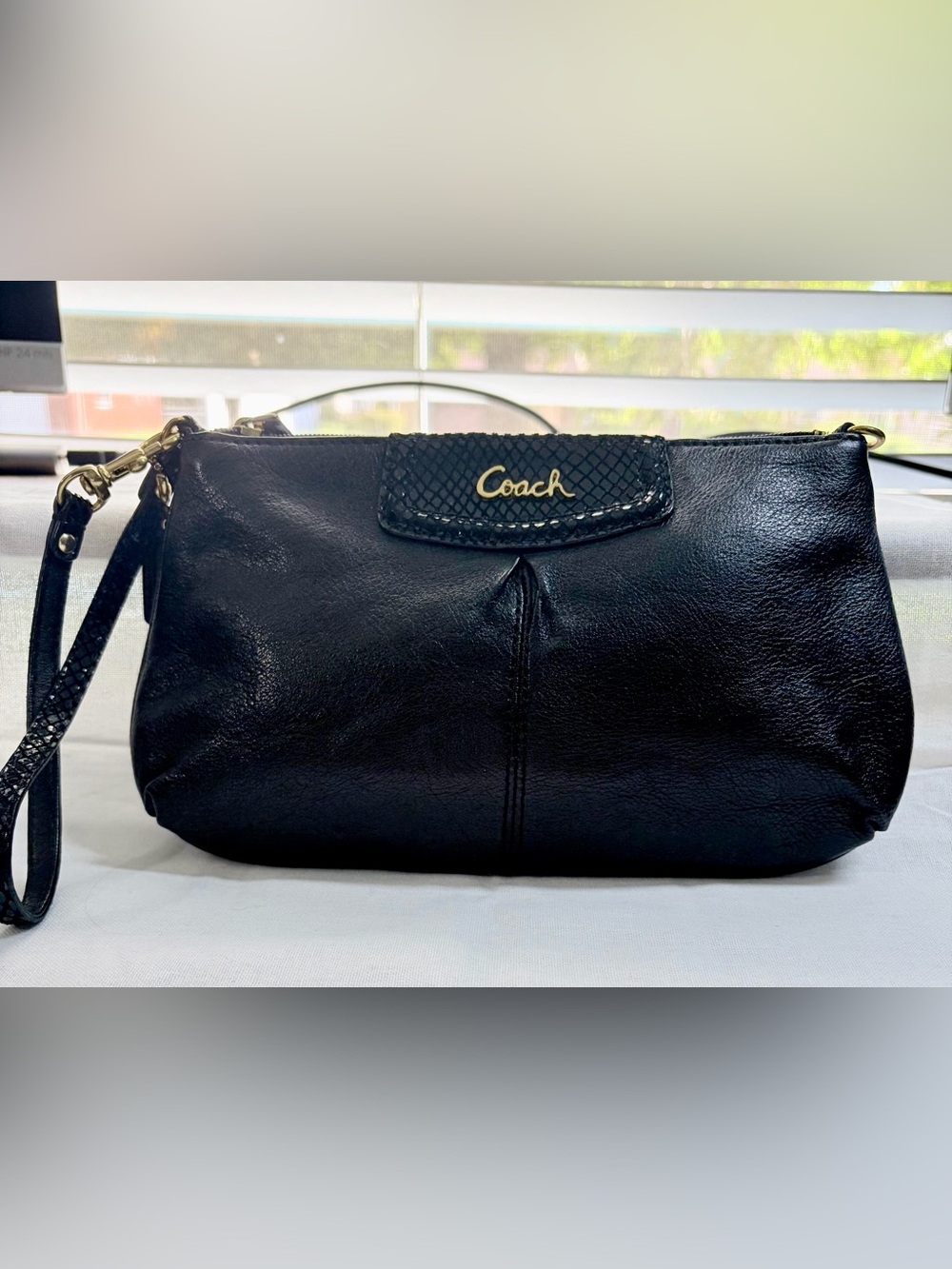 Coach Black Leather Wristlet Clutch with Gold Logo